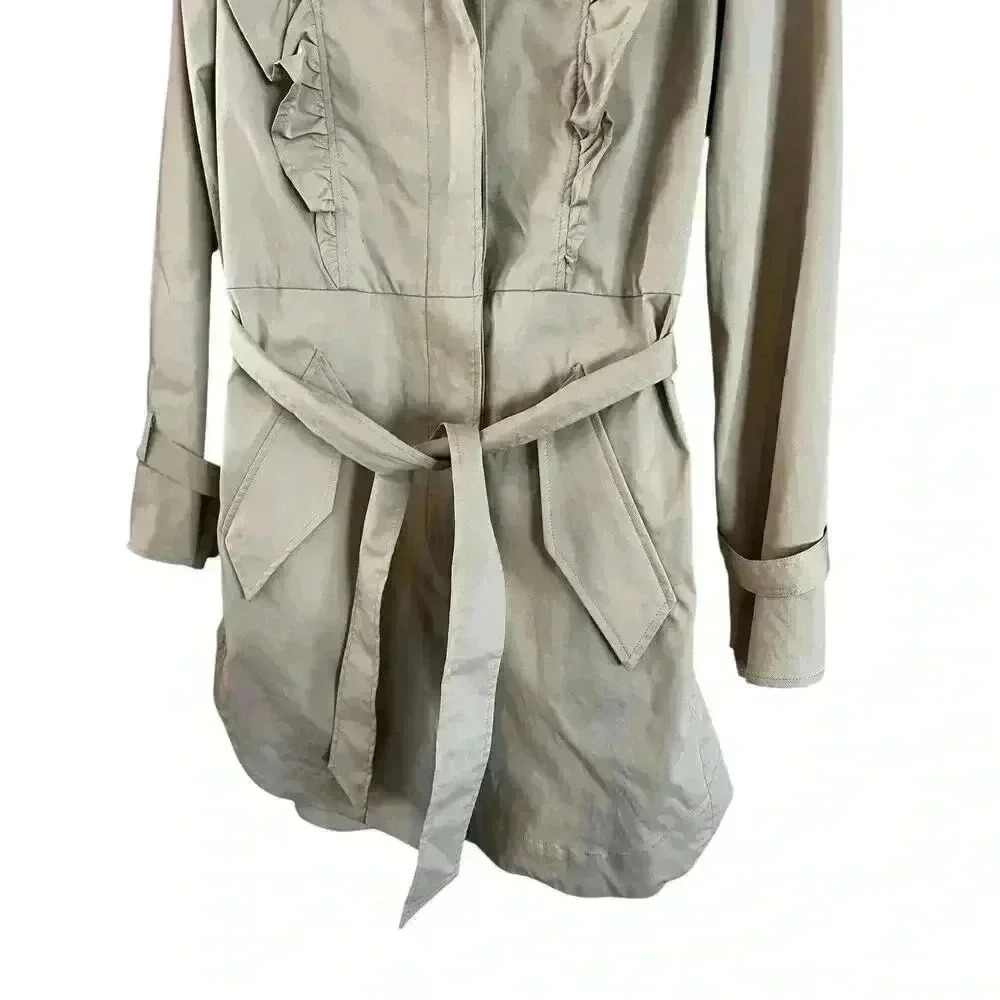 Joie Women’s Gila Trench Coat Ruffle Trim Belted Tan Size Medium - Picture 3 of 7